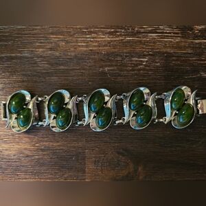 Vintage (1950s) Art Deco 835 Silver Bracelet with Jade Cabachons